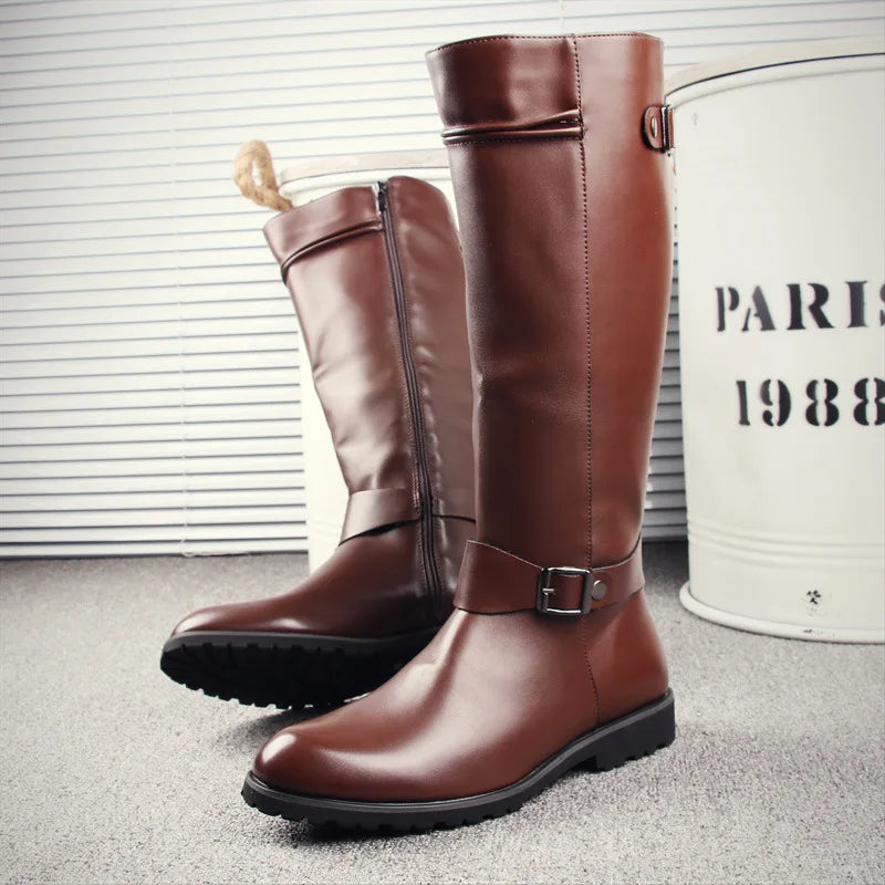 Damen Kniehohe Lederstiefel mit Reißverschluss & Schnalle